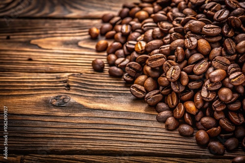 Arabica coffee being crushed and tamped on a wooden table, asymmetrical