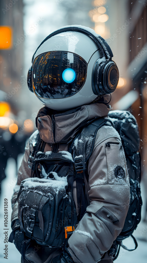 Person dressed in a futuristic astronaut suit with helmet and backpack, standing in a snowy city street, blending sci-fi with urban life Person dressed in a futuristic astronaut suit with helmet and backpack, standing in a snowy city street, blending sci-fi with urban life