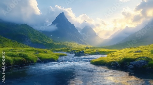 Majestic mountain landscape with flowing river. Generative AI image