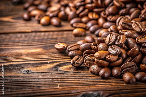 Close-up of brown wooden coffee beans on a rustic kitchen counter, coffee lover, coffee beans, cooking essentials, breakfast table, brown wood