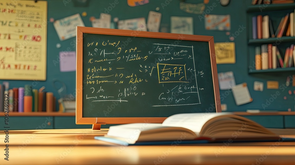 Cozy Classroom with Chalkboard and Open Book in Warm Sunlight ...