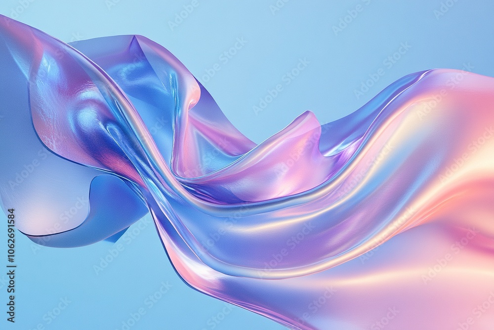 A holographic fluid, reminiscent of a silk ribbon, is swirling and flowing against a light blue background A holographic fluid, reminiscent of a silk ribbon, is swirling and flowing against a light blue background