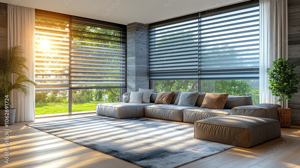 Modern living room with large windows and comfortable seating. Modern living room with large windows and comfortable seating.