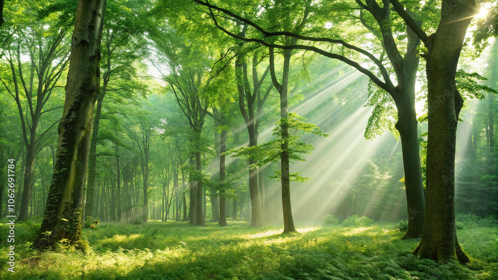 Naklejka premium Lush green forest with sunlight filtering through dense tree canopy