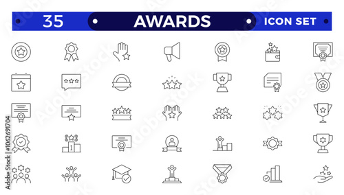 Awards and Bonuses outline icons set. Vector illustration in modern thin line style of icons, such as: Cups, Awards, Medals, Diplomas, Champion, Number One, Stars, Winner, Ribbon.