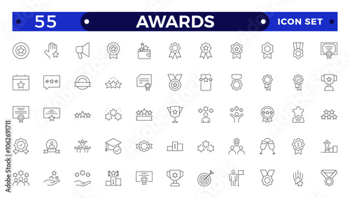 Awards and Bonuses outline icons set. Vector illustration in modern thin line style of icons, such as: Cups, Awards, Medals, Diplomas, Champion, Number One, Stars, Winner, Ribbon.