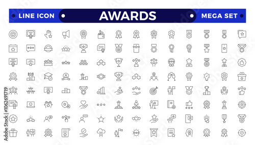 Awards and Bonuses outline icons set. Vector illustration in modern thin line style of icons, such as: Cups, Awards, Medals, Diplomas, Champion, Number One, Stars, Winner, Ribbon.