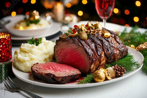 A juicy roasted prime rib on a dining table, sliced to reveal the pink center and served with mashed potatoes