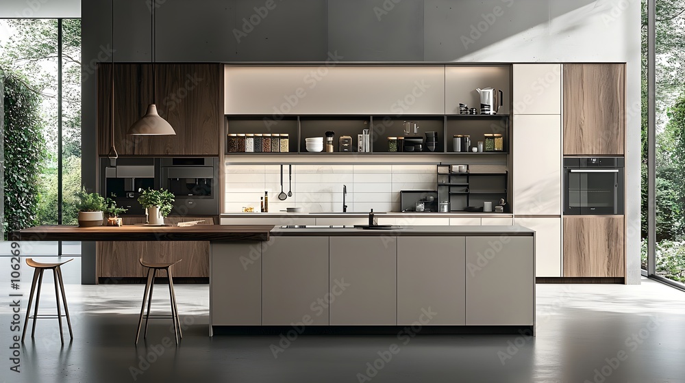 Elegant and contemporary kitchen interior with minimalist design high end appliances clean lines and modern style The open and bright space features wood and metal elements Elegant and contemporary kitchen interior with minimalist design high end appliances clean lines and modern style The open and bright space features wood and metal elements