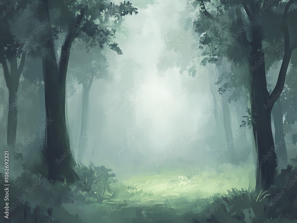 Lush Forest in Mist Minimalistic, misty forest with deep greens and soft, atmospheric light filtering through trees, creating a calm, dreamy mood