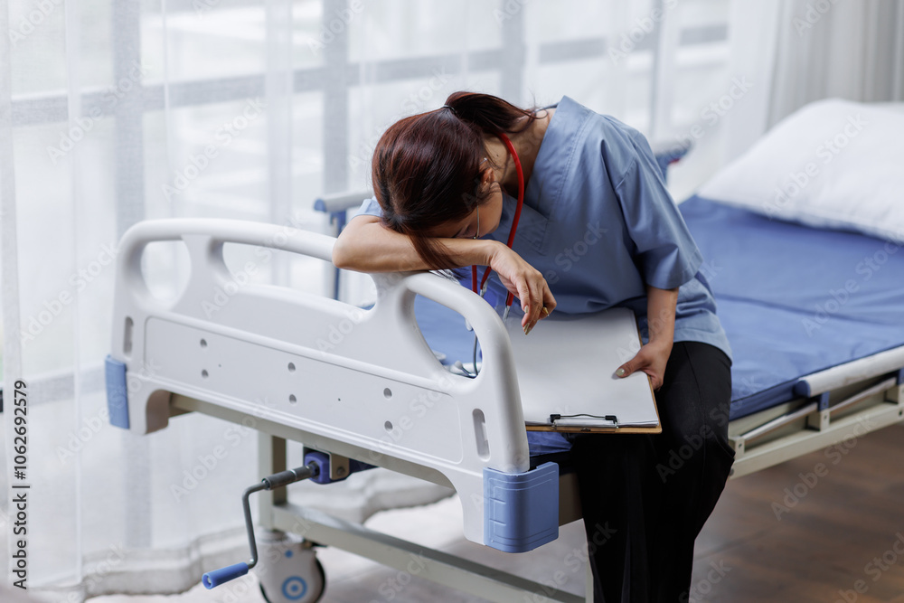 Medical nurse is on bed in hospital sitting down a the hospital corridor in frustration and grief after failure and patient body condition Medical nurse is on bed in hospital sitting down a the hospital corridor in frustration and grief after failure and patient body condition
