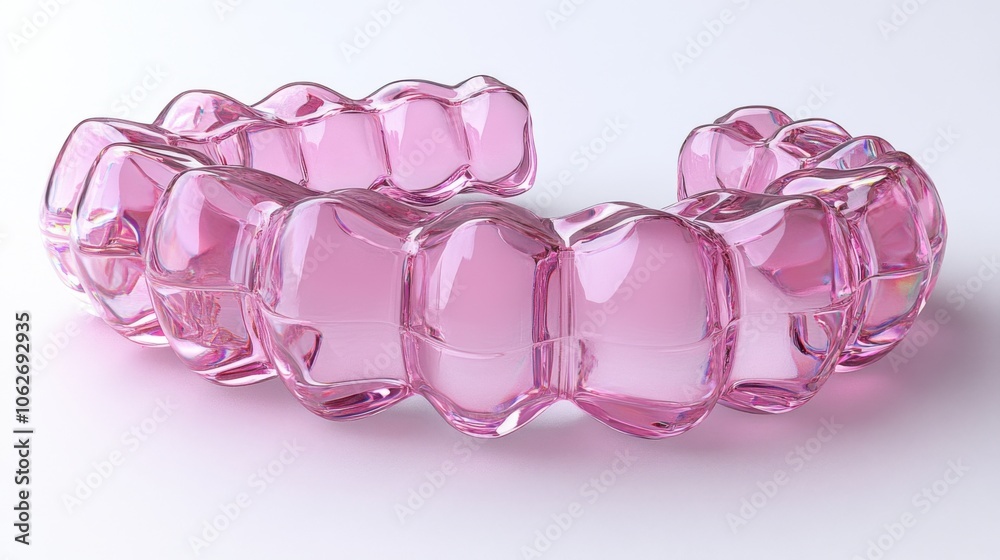 A pink, clear plastic retainer for teeth lies on a white background. A pink, clear plastic retainer for teeth lies on a white background.