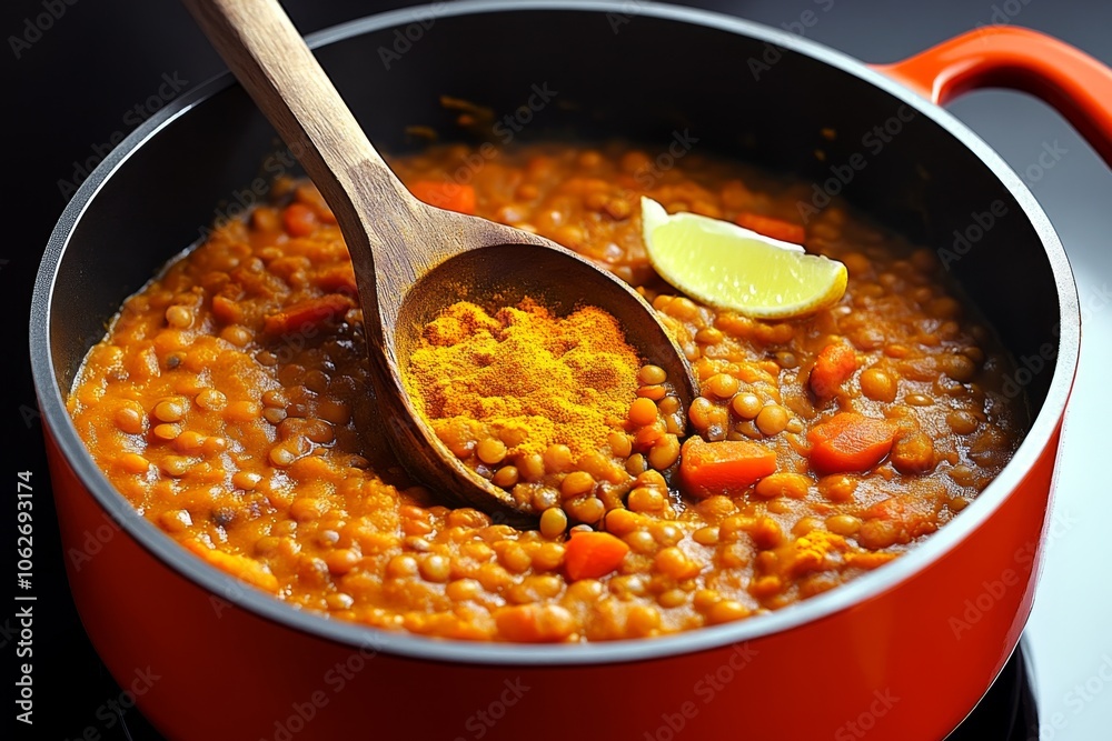 A pot of dal simmering with lentils, turmeric, and spices, creating a thick, comforting Indian dish A pot of dal simmering with lentils, turmeric, and spices, creating a thick, comforting Indian dish