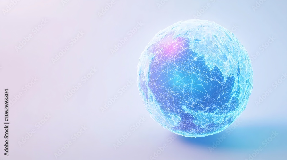 Abstract globe with glowing lines and digital nodes, white isolate background.