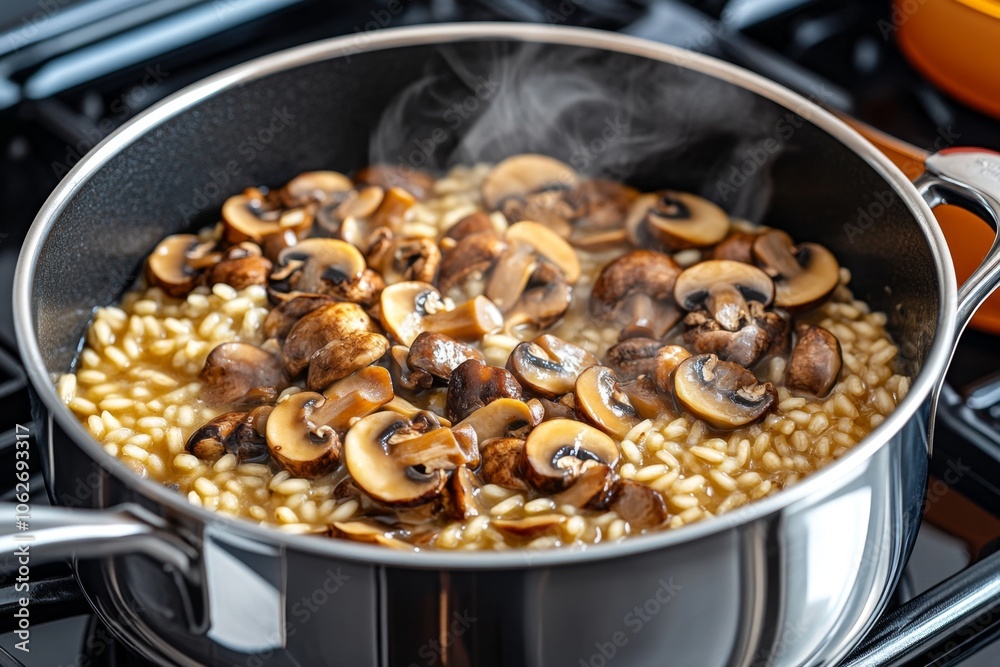 A pot of mushroom risotto simmering on the stove, with creamy, bubbling broth soaking into each grain A pot of mushroom risotto simmering on the stove, with creamy, bubbling broth soaking into each grain