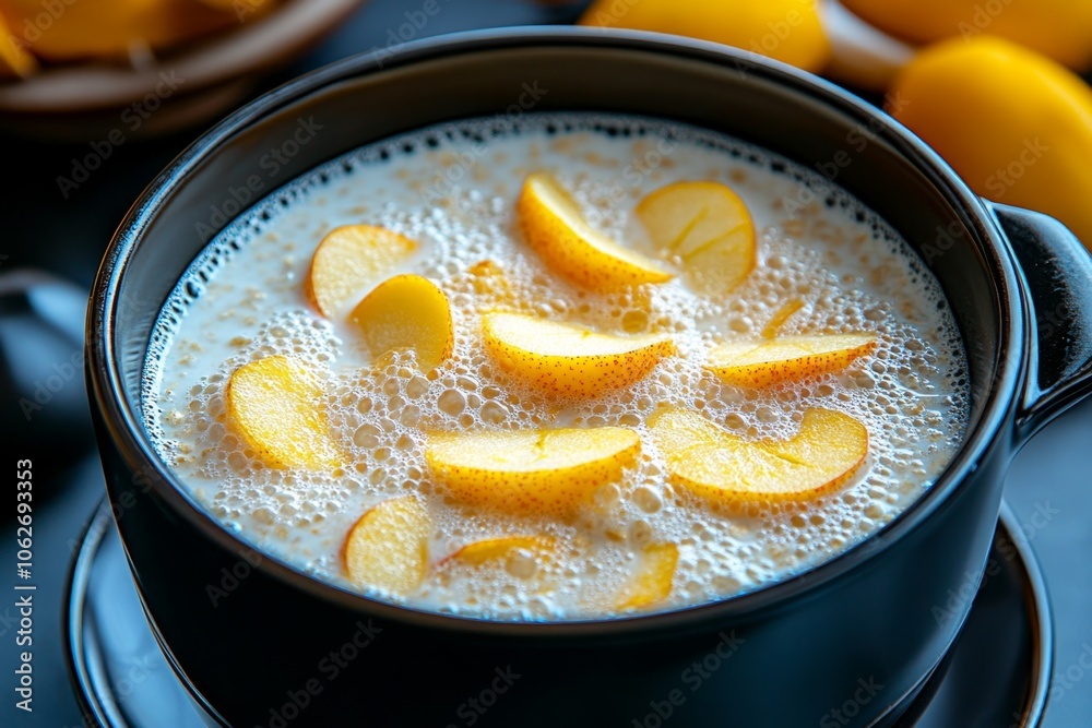 A pot of oatmeal simmering with milk and sliced apples, with soft, warm bubbles rising to the surface A pot of oatmeal simmering with milk and sliced apples, with soft, warm bubbles rising to the surface