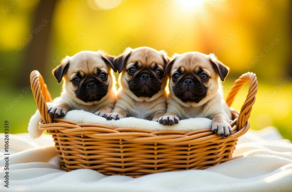 Obraz premium French Beydog puppies sitting in a basket on the grass on a sunny day
