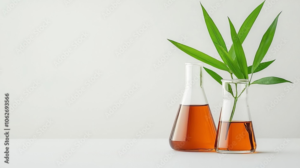 Two laboratory glass flasks filled with amber liquid, accompanied by a fresh green bamboo leaf, all against a clean white background. Two laboratory glass flasks filled with amber liquid, accompanied by a fresh green bamboo leaf, all against a clean white background.