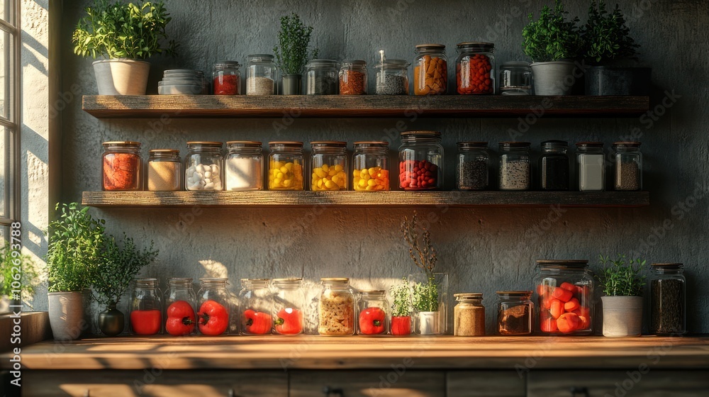 A cozy kitchen shelf filled with jars of colorful ingredients. A cozy kitchen shelf filled with jars of colorful ingredients.