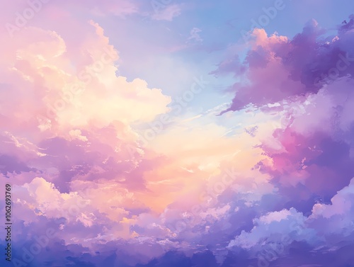 Dynamic Cloud Formation Vibrant sky with soft, fluffy clouds at sunset, capturing a natural gradient from pink to purple and blue, atmospheric and dreamlike