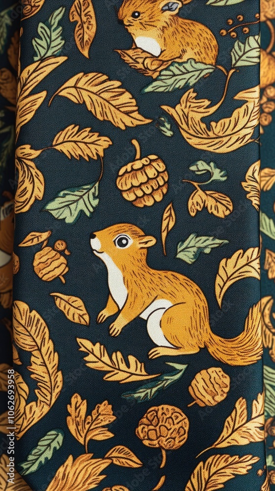 Obraz premium Vibrant Autumn-Themed Fabric with Squirrel and Acorn Pattern in Rich Earthy Tones for Seasonal Design and Craft Projects