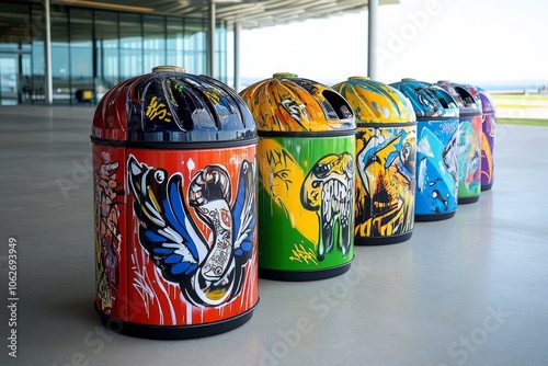 A row of trash cans with graffiti and spray-paint drips, showing the wear and tear of urban living photo