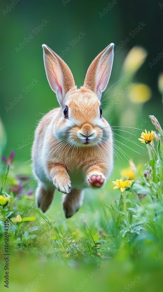 Fototapeta premium A small rabbit dashing through a lush green meadow