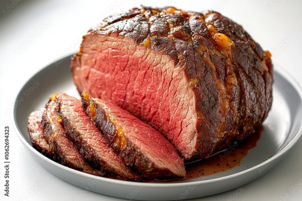 A sliced roast beef on a plate, with minimalist shading and details, focusing on the form against a white background A sliced roast beef on a plate, with minimalist shading and details, focusing on the form against a white background