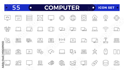 Computer icon set. Containing online, computer, network, website, server, web design, hardware, software monitor, smartphone, tablet and laptop and programming . Outline icons vector collection.