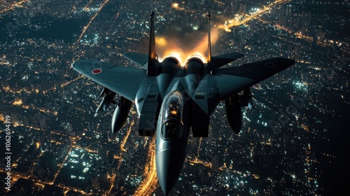 A Japanese F-15 Eagle fighter jet flying over a city at night.