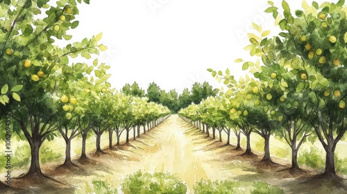 Watercolor depiction of an orchard with fruit trees, green leaves swaying gently in the breeze, and rows of trees creating a peaceful, organized setting.