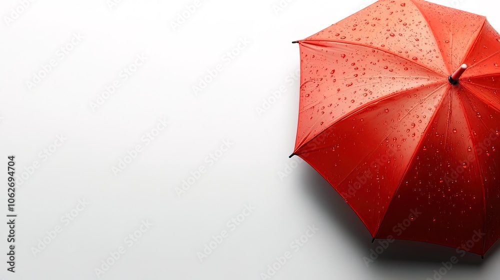 Red Umbrella with Raindrops on a White Background