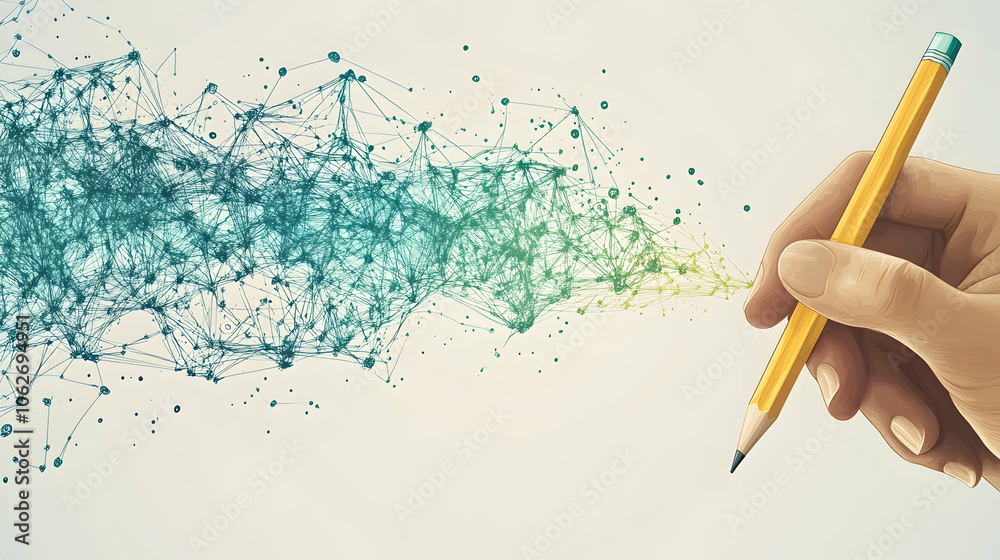 Hand drawing a connected network of dots and lines with a yellow pencil. Hand drawing a connected network of dots and lines with a yellow pencil.