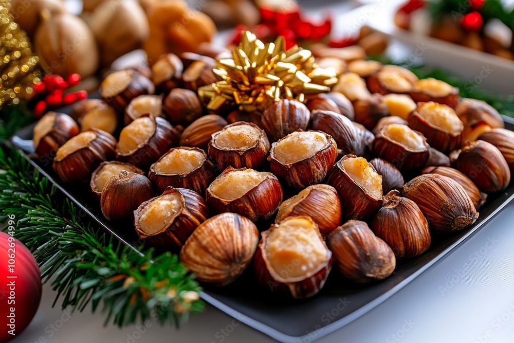 A tray of roasted chestnuts on a holiday table, capturing a traditional seasonal snack with rustic charm A tray of roasted chestnuts on a holiday table, capturing a traditional seasonal snack with rustic charm