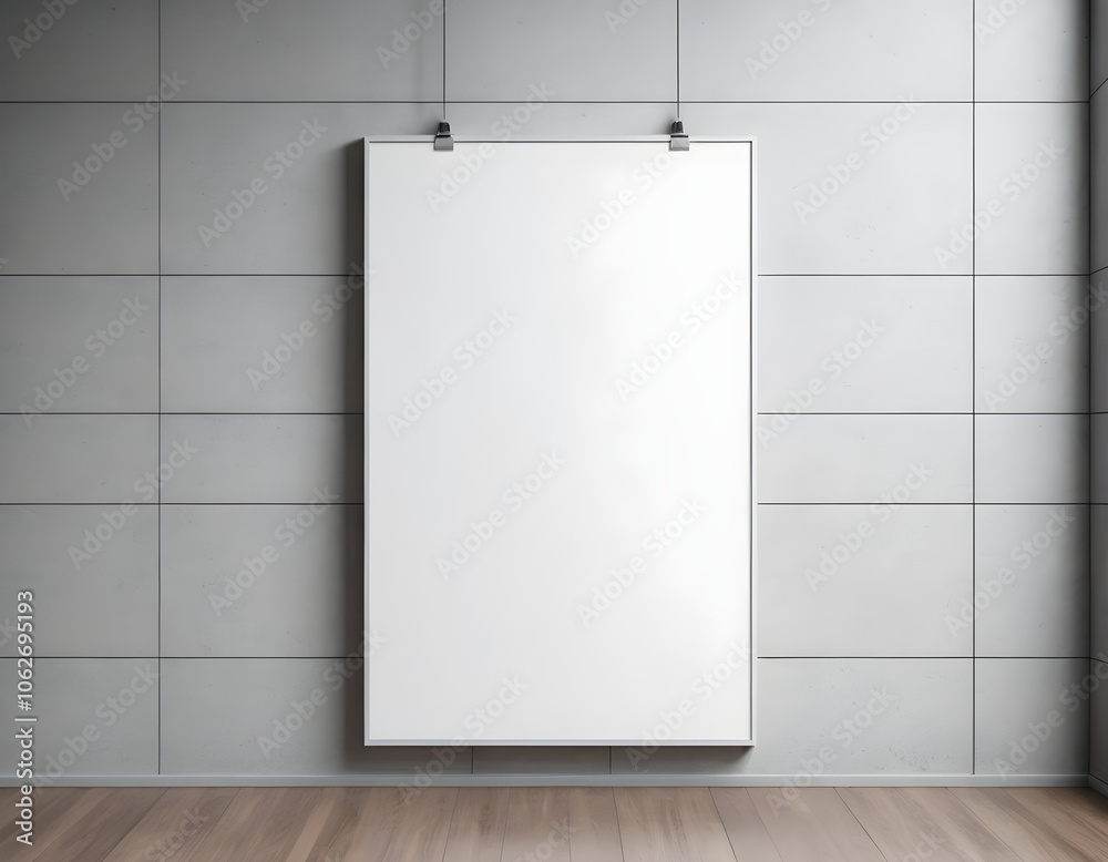 Blank white poster hanging from clips on concrete tiled wall in modern gallery, perfect for showcasing artwork or advertisements
