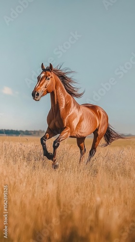 A strong muscular horse galloping through an open field,