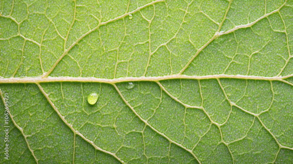 Fototapeta premium A close-up macro shot captures the intricate details of a dewdrop-laden leaf in an outdoor setting. Each water droplet glistens in the natural light, magnifying the leafâ€™s veins and textures. The