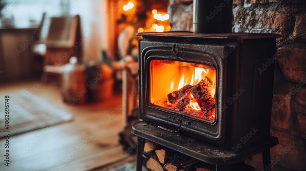 Close-up of a burning wood stove with flames and glowing embers inside.