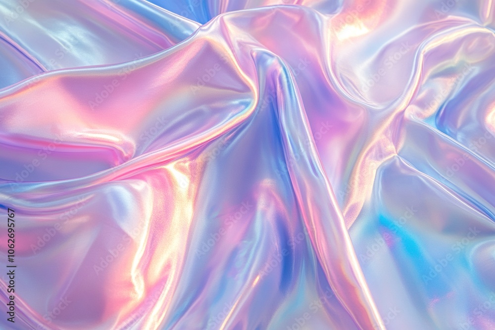A holographic fluid, reminiscent of a silk ribbon, is swirling and flowing against a light blue background A holographic fluid, reminiscent of a silk ribbon, is swirling and flowing against a light blue background