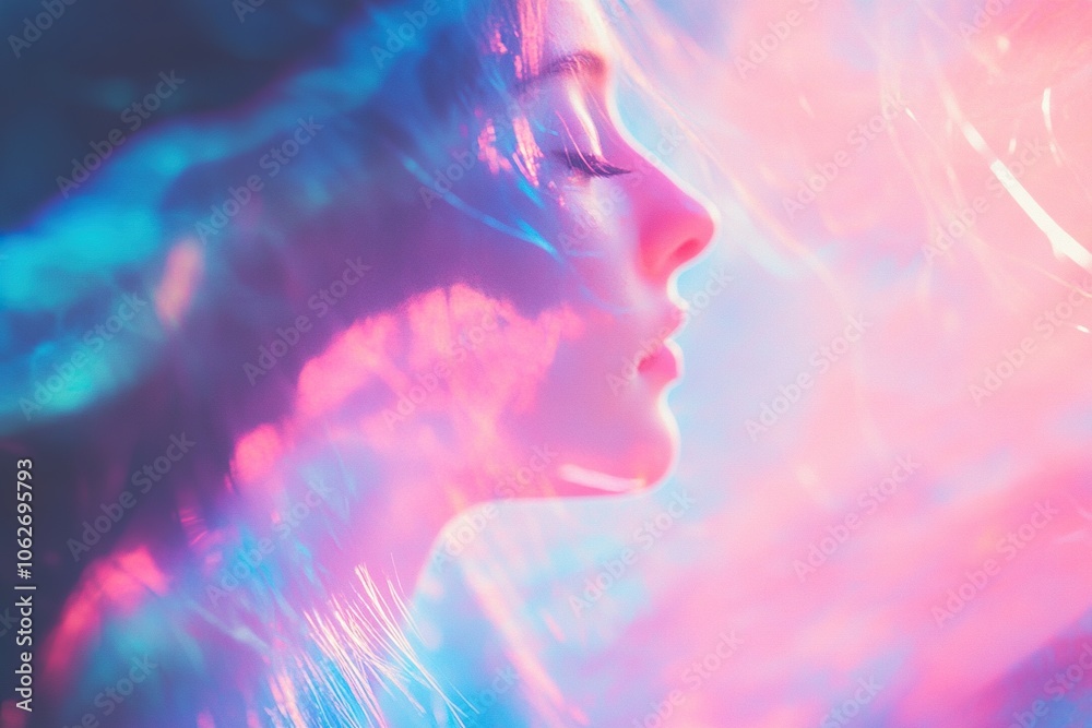 A woman profile is silhouetted against a pink and blue background. The light creates a dreamlike, abstract effect A woman profile is silhouetted against a pink and blue background. The light creates a dreamlike, abstract effect