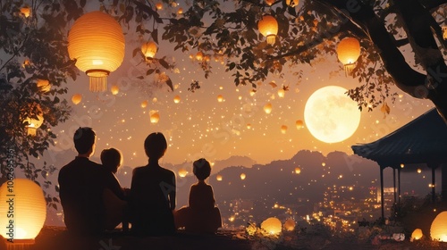 A family of four sits together under a canopy of glowing lanterns, gazing at a full moon and a cityscape in the distance.