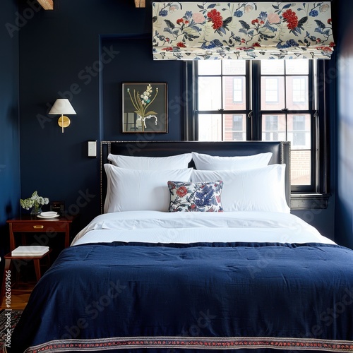 Wallpaper Mural A cozy bedroom with a navy blue bedspread, white pillows, and a floral patterned window shade. Torontodigital.ca