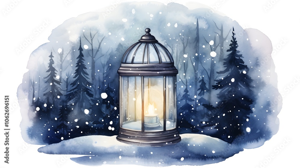 Glowing lantern casts a warm magical glow over a serene snowy winter scene featuring a peaceful holiday snow globe against a soft white background creating an enchanting watercolor style atmosphere Glowing lantern casts a warm magical glow over a serene snowy winter scene featuring a peaceful holiday snow globe against a soft white background creating an enchanting watercolor style atmosphere
