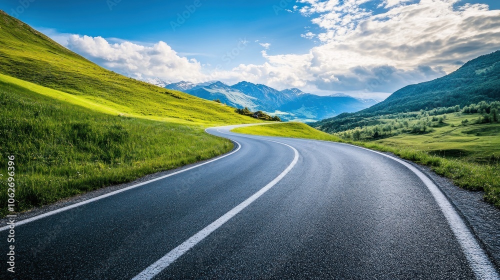 Naklejka premium A winding asphalt road snakes through lush green hills with snow-capped mountains in the background under a clear blue sky with puffy clouds.