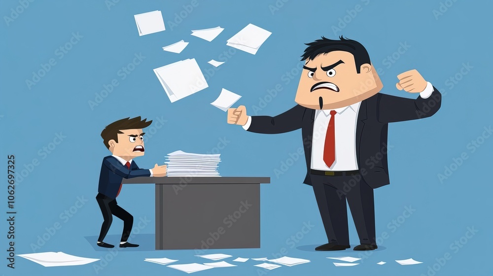 Boss standing over stressed employee, emphasizing the pressure and hierarchy in the workplace. Leadership and workplace dynamics. Boss standing over stressed employee, emphasizing the pressure and hierarchy in the workplace. Leadership and workplace dynamics.