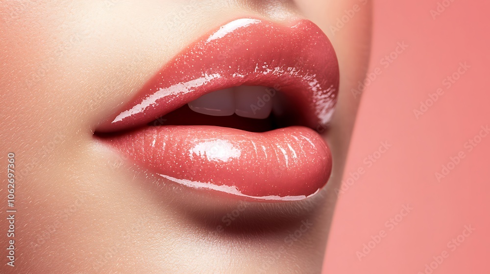 Close-up of Glossy Pink Lips with Glitter Close-up of Glossy Pink Lips with Glitter