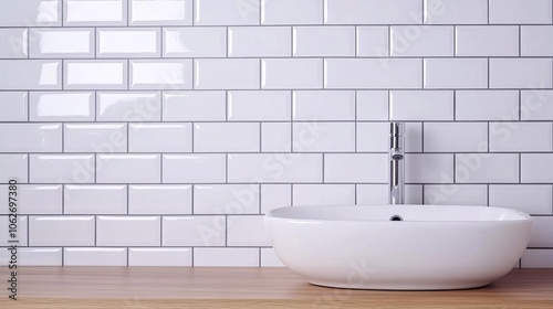 A modern bathroom sink with a sleek design, situated against a clean white tiled wall, offering a minimalistic and stylish aesthetic.