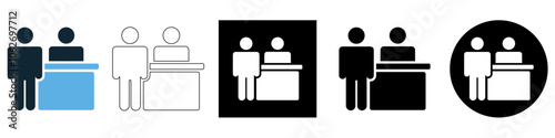 customer standing at reception desk, service center, hotel Checking In out, clinic staff or market cashier vector pictogram sign icon symbol ui and ux design, glyphs and stroke line	