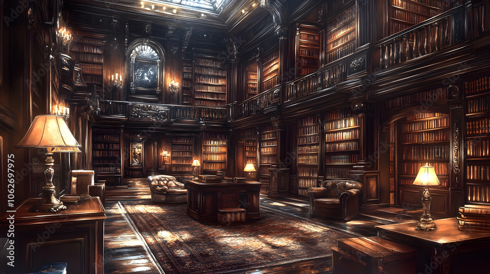 A grand library with high ceilings and dark wood bookshelves filled with books. A large table sits in the center of the room with a few lamps illuminating the space. A grand library with high ceilings and dark wood bookshelves filled with books. A large table sits in the center of the room with a few lamps illuminating the space.