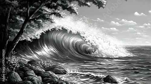 A large wave crashing on the shore in black and white.